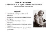 Цель исследования: Познакомиться с историей коренного народа Урала, культурой ханты и манси. Задачи: рассмотреть историю заселения народов; рассмотреть историю возникновения культуры; Сопоставить культуры обеих народов; создать презентацию «Народы ханты и манси». Найти в СМИ материал для решения про