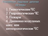 Стихийные бедствия делятся на виды. 1. Геологические ЧС 2 .Гидрологические ЧС 3. Пожары 4. Движения воздушных масс или метеорологические ЧС