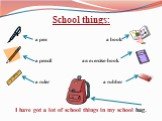 School things: a pen a book a pencil an exercise-book a ruler a rubber. I have got a lot of school things in my school bag.