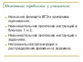 Основные проблемы у учащихся: Незнание формата ЕГЭ и критериев оценивания; Невнимательное прочтение инструкций в бланках 1 и 2; Невнимательное прочтение инструкций к заданиям; Неправильная организация и распределение времени на экзамене.