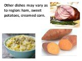 Other dishes may vary as to region: ham, sweet potatoes, creamed corn.