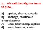 11. It is said that Pilgrims learnt to grow … a) apricot, cherry, avocado b) cabbage, cauliflower, Brussels sprout c) corn, beans and pumpkins d) corn, beetroot, melon