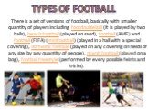 Types of football. There is a set of versions of football, basically with smaller quantity of players including footdoubleball (it is played by two balls), beach football (played on sand), foothall (AMF) and foothall (FIFA) (minifootball) (played in a hall with a special covering), domestic football