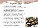 Independent schools. Approximately 7% of school children in England attend privately run fee-paying independent schools rising to 18% for sixth form students. Some independent schools for 13-18 year olds are known for historical reasons as 'public schools' and for 8-13 year olds as 'prep schools'. S