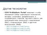 Другие технологии. IBM WebSphere Portal включает в себя обширный набор портальных технологий, которые позволяют разрабатывать и поддерживать порталы высокого класса для взаимодействия компаний с заказчиками (B2C), сотрудниками (B2E) и другими компаниями (B2B): IBM WebSphere Portal Server, IBM WebSph