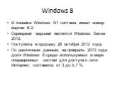 Windows 8. В линейке Windows NT система имеет номер версии 6.2. Серверной версией является Windows Server 2012. Поступила в продажу 26 октября 2012 года. По различным данным, на февраль 2013 года доля Windows 8 среди используемых в мире операционных систем для доступа к сети Интернет, составила от 3