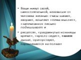 Вещи живут своей, самостоятельной, независим от человека жизнью: «часы шагают, хворают, кашляют «печка мыслит», «запечатанное письмо подмигивает и рисуется», «раздвинутые ножницы кричат», «кресло сидит», «книги дышат, ораторствуют, перекликаются на полках»