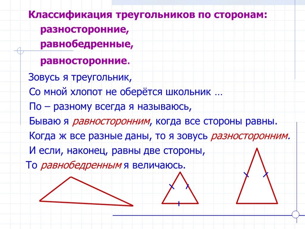 Равносторонний треугольник 7 класс геометрия. Классификация треугольников по сторонам. Классификация треугольников по сторонам и углам 7 класс. Классификация треугольников по сторонам 7 класс геометрия. Не равнобедренный треугольник.