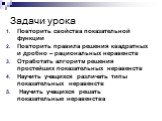 Задачи урока. Повторить свойства показательной функции Повторить правила решения квадратных и дробно – рациональных неравенств Отработать алгоритм решения простейших показательных неравенств Научить учащихся различать типы показательных неравенств Научить учащихся решать показательные неравенства