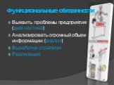 Функциональные обязанности. Выявить проблемы предприятия (диагностика) Анализировать огромный объем информации (анализ) Выработка стратегии Реализация