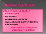 Первый год жизни. Задачи музыкального воспитания по пению, слушанию музыки музыкально-ритмическому движению для это­го возраста не разграничиваются