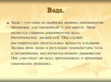 Вода. Вода - это один из наиболее важных компонентов организма, составляющий ⅔ его массы. Вода является главным компонентом всех биологических жидкостей. Она служит растворителем питательных веществ и шлаков. Велика роль воды в регуляции температуры тела и поддержании кислотно-щелочного равновесия. 