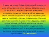 Я живу на улице Софьи Ковалевской, рядом со школой, дорога кажется совсем безопасной, но каждое утро я вижу одну и ту же картину: родители привозят своих детей на машинах, очень близко подъезжая к воротам школы, тем самым создавая опасную ситуацию для прохода учеников к школе. Бывает очень трудно, л