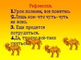 Рефлексия. 1.Урок полезен, все понятно. 2.Лишь кое- что чуть- чуть не ясно. 3. Еще придется потрудиться. 4.Да, трудно всё-таки учиться.