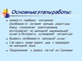 Основные этапы работы: провести подборку материала (особенности питания немцев, рецептуры блюд, технологию приготовления, фотографии) по немецкой национальной кухне в Интернете, кулинарной литературе Выявить особенности немецкой кухни Составить меню одного дня, с переводом на немецкий язык Предложен