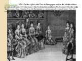 Court Dancing, 1694. On the right is the Duc de Bourgogne and on the left the oldest grandson of Louis XIV, who wears the fashionable patches in his face, just like the ladies. Танец суда, 1694. Справа Duc de Bourgogne и слева самый старый внук Луи XIV, который носит модные участки в его лице, точно