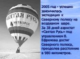 2005 год - успешно закончилась экспедиция к Северному полюсу на воздушном шаре. За 38 дней аэростат «Святая Русь» под управлением В. Ефремова достиг Северного полюса, преодолев расстояние в 980 километров.
