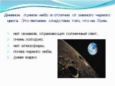 Дневное лунное небо в отличие от земного черного цвета. Это явление следствие того, что на Луне: нет океанов, отражающих солнечный свет; очень холодно; нет атмосферы; почва черного неба; днем жарко