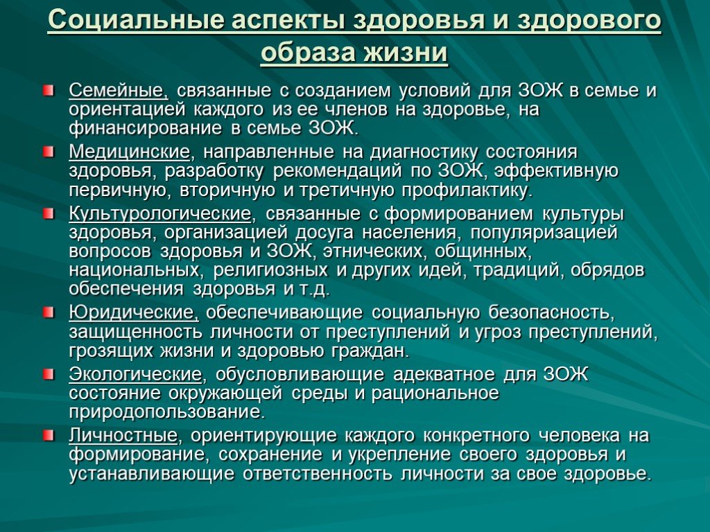 Аспекты человека. Социальные аспекты здоровья. Социальные аспекты здорового образа жизни. Социально-медицинские аспекты здорового образа жизни. 1. Социальные аспекты здоровья человека.