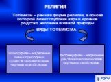 Тотемизм – ранняя форма религии, в основе которой лежит глубокая вера в кровное родство человека и живой природы ВИДЫ ТОТЕМИЗМА. Зооморфизм – наделение живых природных существ человеческими чертами и свойствами. Фитоморфизм – наделение растений человеческими чертами и свойствами