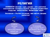 АНИМИЗМ (анима – дух, душа) – это религия основанная на вере в духов, которые управляют людьми, животными, явлениями мира Анимизм – более сложная, чем магия, форма религия. В магии человек сам непосредственно влияет на предметы. В анимизме дух воздействует на объекты без участи человека