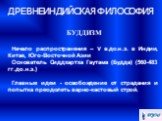 БУДДИЗМ Начало распространения – V в.до.н.э. в Индии, Китае, Юго-Восточной Азии Основатель Сиддхартха Гаутама (Будда) (560-483 гг.до.н.э.) Главные идеи - освобождение от страдания и попытка преодолеть варно-кастовый строй.