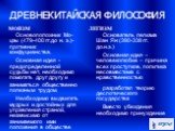 МОИЗМ. Основоположник Мо-цзы (479-400 гг.до н. э.)- противник конфуцианства. Основная идея - предопределенной судьбы нет, необходимо помогать друг другу и заниматься общественно полезным трудом. Необходимо выдвигать мудрых и достойных для управления страной, независимо от занимаемого ими положения в