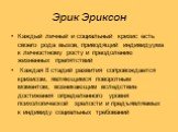 Эрик Эриксон. Каждый личный и социальный кризис есть своего рода вызов, приводящий индивидуума к личностному росту и преодолению жизненных препятствий Каждая 8 стадий развития сопровождается кризисом, являющимся поворотным моментом, возникающим вследствие достижения определенного уровня психологичес