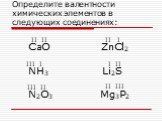 Определите валентности химических элементов в следующих соединениях: СaO ZnСl2 NH3 Li2S N2O3 Mg3P2