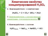 2. Взаимодействие с неметаллами 2H2SO4 + C = CO2 + 2SO2 + 2H2O. 3. Взаимодействие с органическими веществами (гигроскопичность). 4. Взаимодействие с солями H2SO4(конц) + NaCl(тв) = NaHSO4 + HCl↑