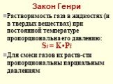 Закон Генри Растворимость газа в жидкостях (и в твердых веществах) при постоянной температуре пропорциональна его давлению: Si = K•Pi Для смеси газов их раств-сти пропорциональны парциальным давлениям