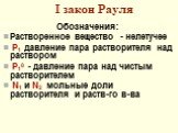 I закон Рауля. Обозначения: Растворенное вещество - нелетучее Р1 давление пара растворителя над раствором P10 - давление пара над чистым растворителем N1 и N2 мольные доли растворителя и раств-го в-ва