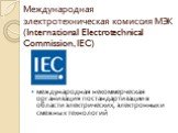 Международная электротехническая комиссия МЭК (International Electrotechnical Commission, IEC). международная некоммерческая организация по стандартизации в области электрических, электронных и смежных технологий