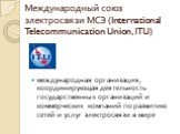Международный союз электросвязи МСЭ (International Telecommunication Union, ITU). международная организация, координирующая деятельность государственных организаций и коммерческих компаний по развитию сетей и услуг электросвязи в мире