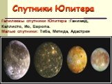 Спутники Юпитера. Галилеевы спутники Юпитера :Ганимед, Каллисто, Ио, Европа. Малые спутники: Теба, Метида, Адастрея