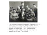 Т. Д. Лысенко со своими сотрудниками в Одессе в 1938 г. В первом ряду слева направо: И. И. Презент, Т. Д. Лысенко, жена Д. А. Долгушина, Д. А. Долгушин, селекционер пшеницы. Во втором ряду — Б. А. Глущенко (жена И. Е. Глущенко), И. Е. Глущенко, А. Д. Родионов, тогда директор ВСГИ, жена Т. Д. Лысенко