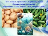 Есть живые организмы, содержащие ещё больше воды, например: картофель – 77%, огурцы – 92%, медузы – 99%.