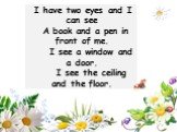 I have two eyes and I can see A book and a pen in front of me. I see a window and a door. I see the ceiling and the floor.