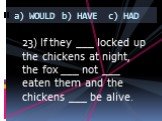 23) If they ___ locked up the chickens at night, the fox ___ not ___ eaten them and the chickens ___ be alive.