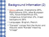 Background Information (2). Ethnic groups: Anglophone 28%, Francophone 23%, other European 15%, Asian/Arab/African 6%, indigenous Amerindian 2%, mixed background 26% Languages: English, French "Canada" comes from the Huron and Iroquois word "Kanata" meaning "village"
