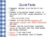 Quick Facts. Canada's birthday is on the first of July (1867) Canada is the second largest country in the world (9,971,000 square kilometres of land) there are six time zones Canada is in the top five producers of natural gas, copper, zinc, nickel, aluminum, and gold Canada has the fourth lowest pop