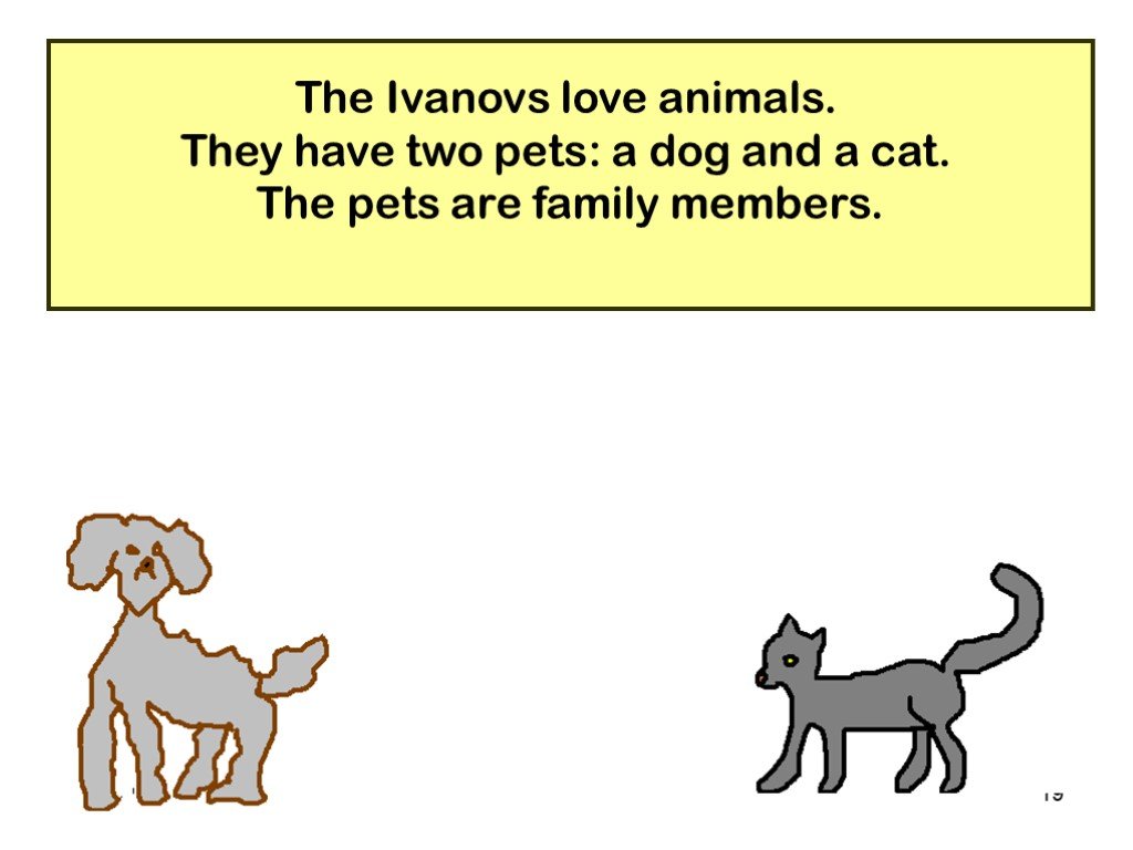 Ivanov's Family. I has two Pets. They have a Dog. I have Pets. They are two Dogs and two Cats на русском языке. Have has two pets