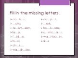 Fill in the missing letters. co…k…r, …ofa, te…ev…sion, la…p, f…id…e, b…d, ch…i…, wa…dr…be, ca…p…t, …esk, bo…k…ase, a…mc…a…r, wa…hba…in, si…k
