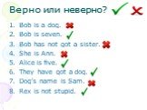 Верно или неверно? Bob is a dog. Bob is seven. Bob has not got a sister. She is Ann. Alice is five. They have got a dog. Dog’s name is Sam. Rex is not stupid.