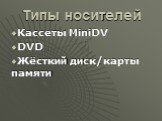 Типы носителей. Кассеты MiniDV DVD Жёсткий диск/карты памяти