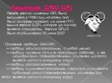 Лицензия GNU GPL. Первая версия лицензии GPL была выпущена в 1988 году, но затем она была откорректирована и в июне 1991 вышла версия 2 GPL, которая до сих пор является стандартом. Версия GPLv3 была опубликована 29 июня 2007. Основные свободы GNU GPL: — свободу запуска программы, с любой целью; — св