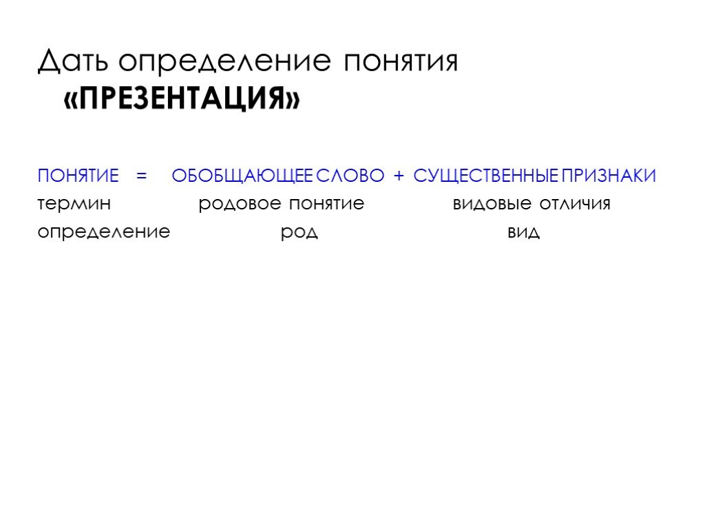 Виды понятий презентация. Понятие презентация. Дайте определения понятия слайд. Компьютер вид понятия род и вид отличия. Понятие и дефиниция разница.