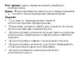 Тип урока: урок изучения нового учебного материала. Цель: Формирование целостного представления о понятии «компьютерная презентация». Задачи: Составить определение понятия «компьютерная презентация»; Развивать умение обобщать понятия по теме «Компьютерные презентации»; формировать умение осуществлят