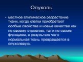 Опухоль. местное атипическое разрастание ткани, когда клетки приобретают особые свойства и новые качества как по своему строению, так и по своим функциям, в результате чего нормальная ткань превращается в опухолевую.