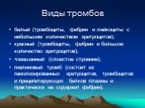 Виды тромбов. белый (тромбоциты, фибрин и лейкоциты с небольшим количеством эритроцитов); красный (тромбоциты, фибрин и большое количество эритроцитов); •смешанный (слоистое строение); гиалиновый тромб (состоит из гемолизированных эритроцитов, тромбоцитов и преципитирующих белков плазмы и практическ